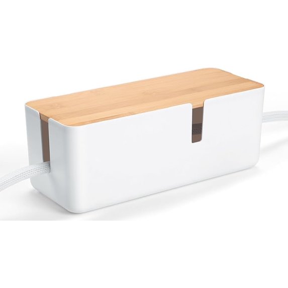 Cable Management Box with Bamboo Lid, White Cable Box Small Cord Hider Box Cord Organizer Box to Conceal Surge Protector, Desk/TV/Computer Wires, Power Strip Box Cord Management Box for Tidy Space