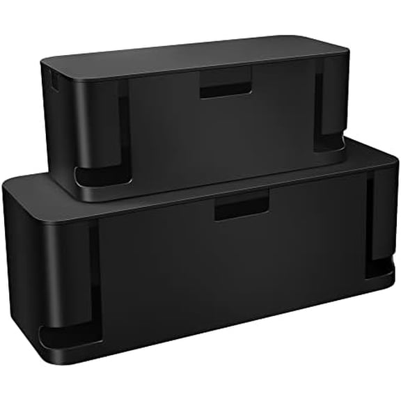 Cable Management Box Black, 2Pack Cord Organizer Box - Extra Large and Medium Size, Cord Hider Box to Conceal Power Strips on Desk or Floor, Made from Electrically Safe ABS Material