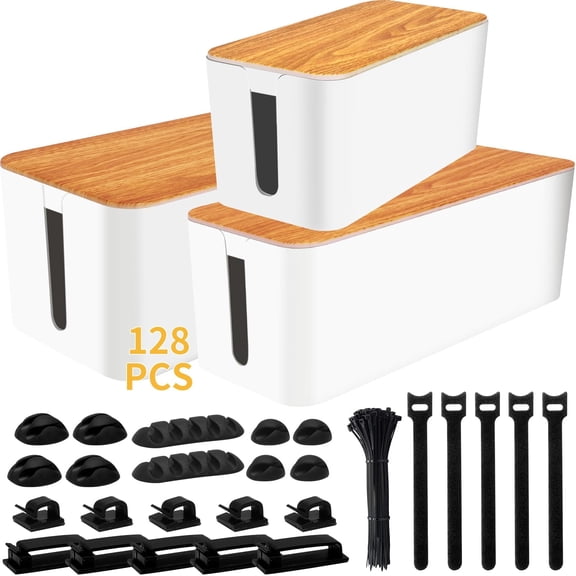 Cable Management Box Cable Management Kit for Power Strip to Hide Wires,Cord Organizer Boxes,Safe ABS Material Wire Organizer of Cable Clips Sleeve for Home & Office,3Pack-128PCS /Black