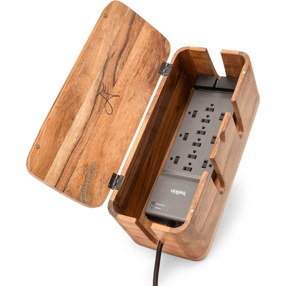 Cable Management Box & Cord Organizer- Cable Organizer for Desk, Home, Office. Hides Wires, Surge Protectors, Power Strips. Eco Friendly Mango Wood Cord Management Solution (Natural Acacia)