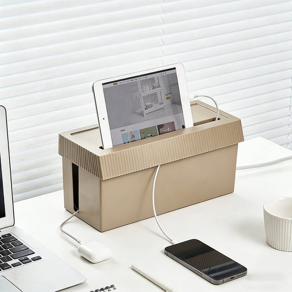 Cable Management Box Cord Organizer Power Strip Cover With Lid Wire Storage Case For Desk TV Computer Charger Surge Protector Hide Cables Home Office Desktop Organizer Beige Gray