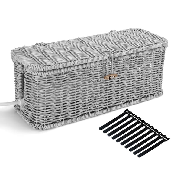 Cable Management Box Desk Handwoven Rattan Cord Hider Organizer With Lid Button Lock Power Strip Cover Wicker Decorative Basket Floor Wire Hiding Extension (grey)