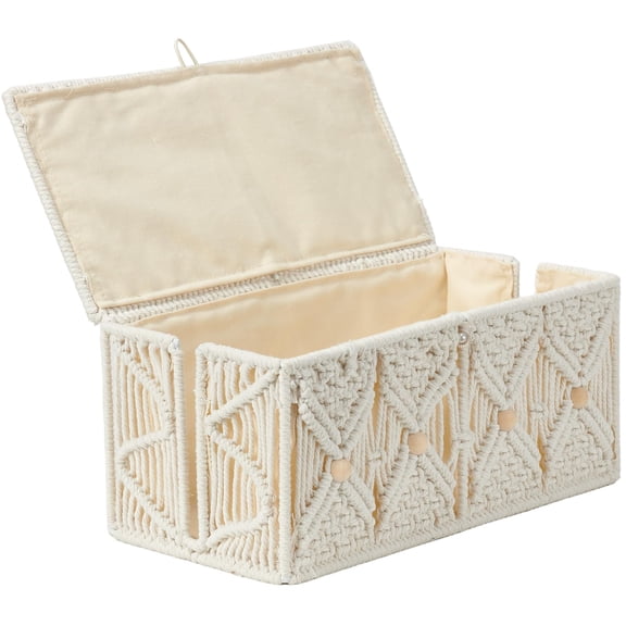 Cable Management Box Handmade Macrame Cord Storage Organizer Power Strips Outlet Router Adapter Tv Wire Hider Cover Under Desk Cotton Rope Woven Boxes With Lid (off White Large)