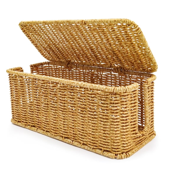 Cable Management Box Handmade Rattan Cable Organizer 2 Open Slots Cords Hider Box Under Desk Cord Organizer for Computer Router USB Hub & Power Strip