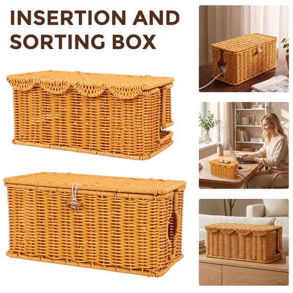 Cable Management Box Handmade Rattan Cord Organizer with Lid for Power ...