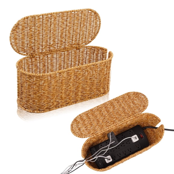 Cable Management Box Handmade Rattan Organizer 2 Open Slots Cordsr Under Desk Cord Forputer Routerb Hub &15.9" X 6.5"