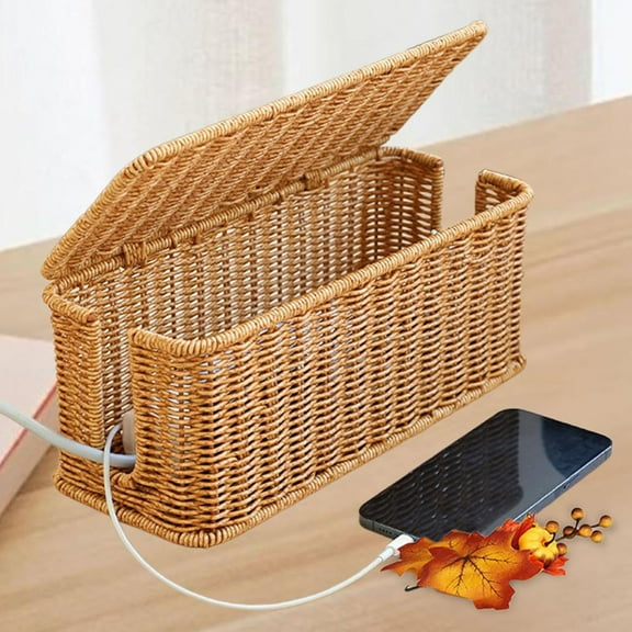 Cable Management Box, Large Handwoven Imitation Rattan Cord Organizer Cord Hider Box, Cable Organizer Box for Desk, Cord Management Box to Hide Cords and Power Strips, 12.4x5.12x5.12"