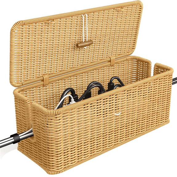 Cable Management Box, Power Strip Organizer with Locked Cover,Handmade Rattan Cords Hide ywm58