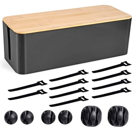 Cable Management Box - Wooden Style Large Cord Organizer to Hide Wires & Power Strips | Desk Computer Cable Organizer | Safe ABS Material | 16" (L) x 6.2" (W) 5.3" (H) | for Home & Office - Black