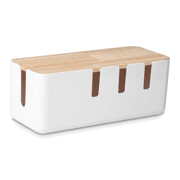 Cable Management Box with Wood Lid, 12 x 5 x 4.5 Inch Cord Organizer for Desk, TV and Computer, Power Strip and Cable Organizer, White
