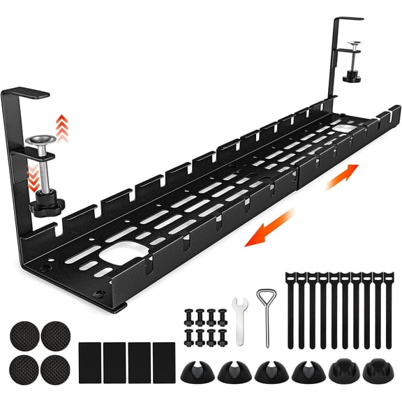 Cable Management Under Desk, 15.7"-31" Retractable Cable Management Tray, No Drilling Cord Organizer with Clamp for Desk, Under Table Wire Management Tray for Home Office