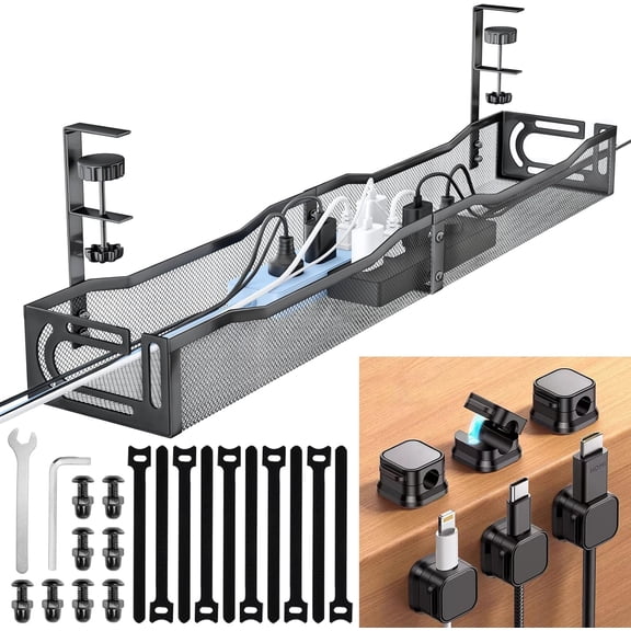 Cable Management Under Desk, 25.3'' No Drill Desk Cable Management Tray with Clamp, Metal Cord Organizer for Standing Desk, Computer Wire Management for Home Office & Gaming Setup, Black