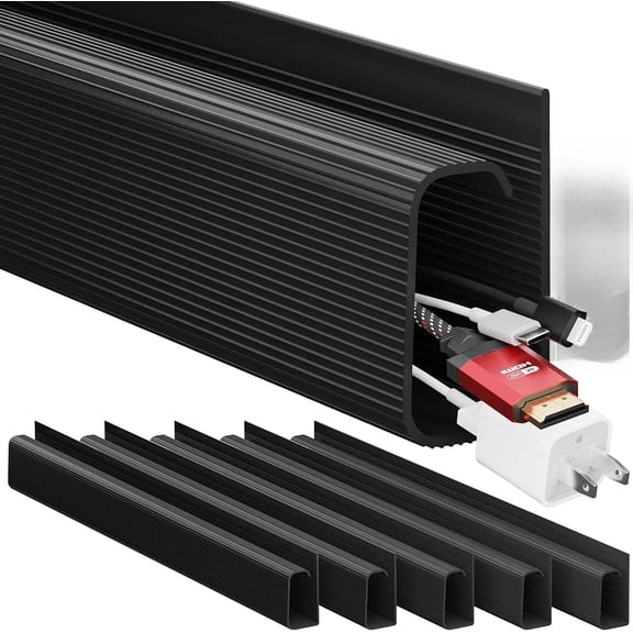 Cable Management Under Desk Kit (6 Units) - Under Desk Cable Management Cord Hider, Cable Hider Cord Management, Cable Organizer, Cable Raceway | Self-Adhesive 96'' J Channel 6X16 - Black