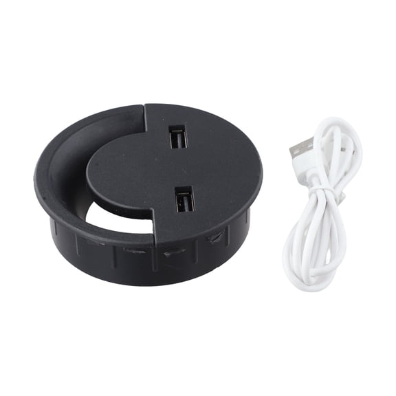 Cable Management Grommet with 2 USB Ports, Desk Hole Cover for Office Table, Round Cable Organiser Wire Cord Outlet Line Box in Black(80mm)