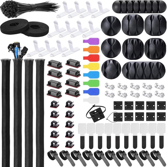 Cable Management Kit - 4 Cable Sleeve, 57 Self Adhesive Cable Clips, 12 Hanging Strips, 12 Cable Organizer Straps and 100 Fastening Cable Ties for TV Computer Under Desk (Black and White)