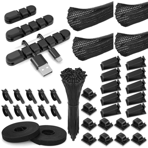 Cable Management Kit, 4 Cable Sleeves, 3 Silicone Cable Holders, 10 + 2 Cable Ties, Self-Adhesive, 10 Large Cable Clips, 100 Cable Ties For Tv, Pc, Desk, Home Office