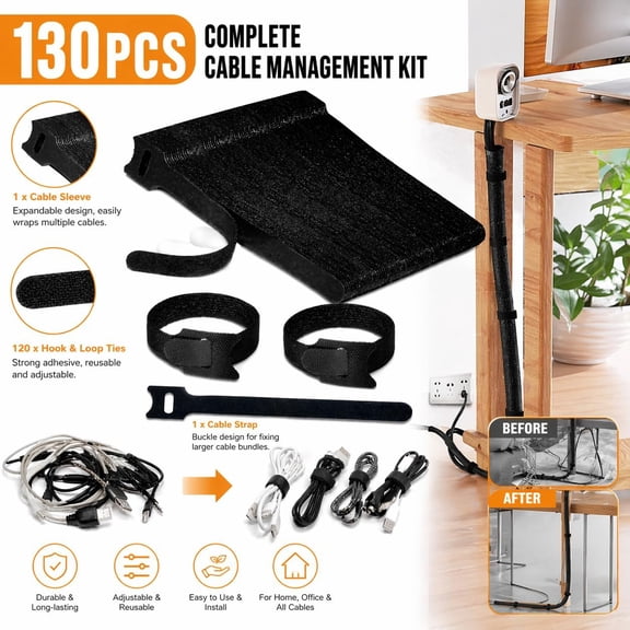 Cable Management Kit, Complete Cord Organizer Set with Sleeves, Ties, and Straps