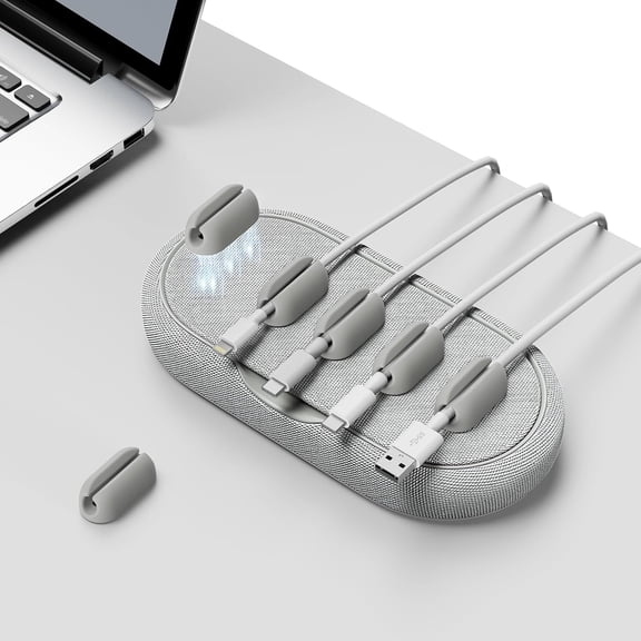 Cable Management, Magnetic Cord Organizer, Desk Holder Wire Keeper with 6 Clips, Charger Management for Home Office, Lightning/USB C/Micro Cable, White