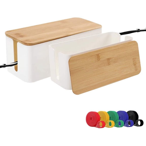 Cable Management Organizer Box, 2 Pack Large Storage Bamboo Lid Wires Concealer Holder for Office Desk, Home, Kitchen, TV, Computer, Cover Hide Tidy Surge Protector Power Strips & Cords (White)