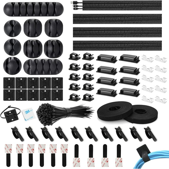 Cable Management Organizer Kit, include 4 Cable Sleeve Split with 47 Self Adhesive Cable Clips Holder, 10 Cable Ties, 10 Adhesive Wall cable Tie, 100 Fasten Cable Ties, 2 x Roll Cable Ties