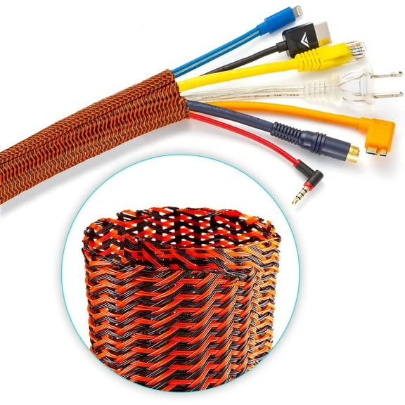 Cable Management Sleeve, 10 ft Long, 1 in. Wide, Mesh Braided Cable Sleeve, Wire Loom, Expandable Split Sleeving , Cord Protector (Black & Orange)