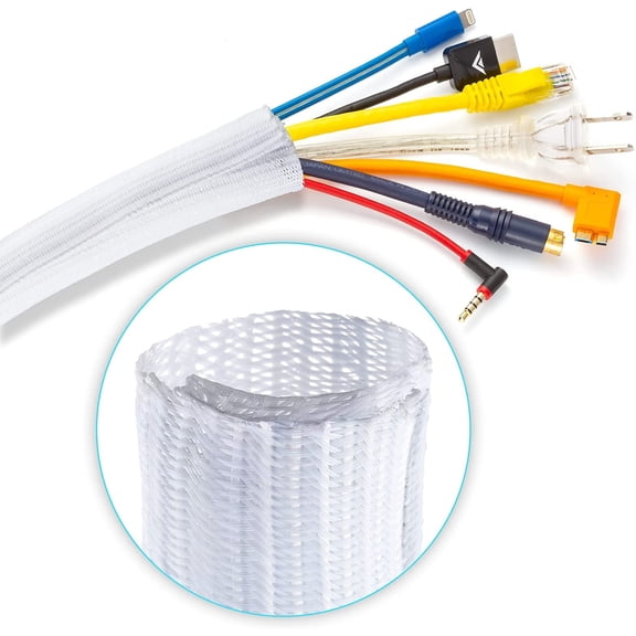 Cable Management Sleeve, 25 ft Long, 1 in. Wide, Mesh Braided Cable Sleeve, Wire Loom, Expandable Split Sleeving , Cord Protector (White)