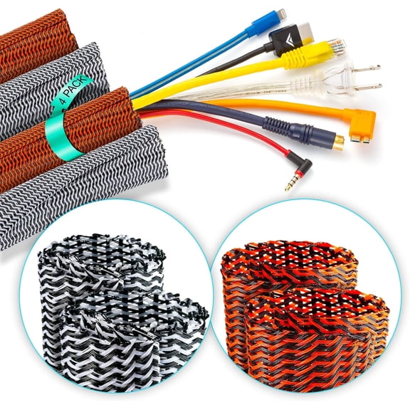 Cable Management Sleeve, 3 ft Long, 1/2 in. Wide, Mesh Braided Cable Sleeve, Wire Loom, Expandable Split Sleeving , Cord Protector (Black/White & Black/Orange, 4 Pack)