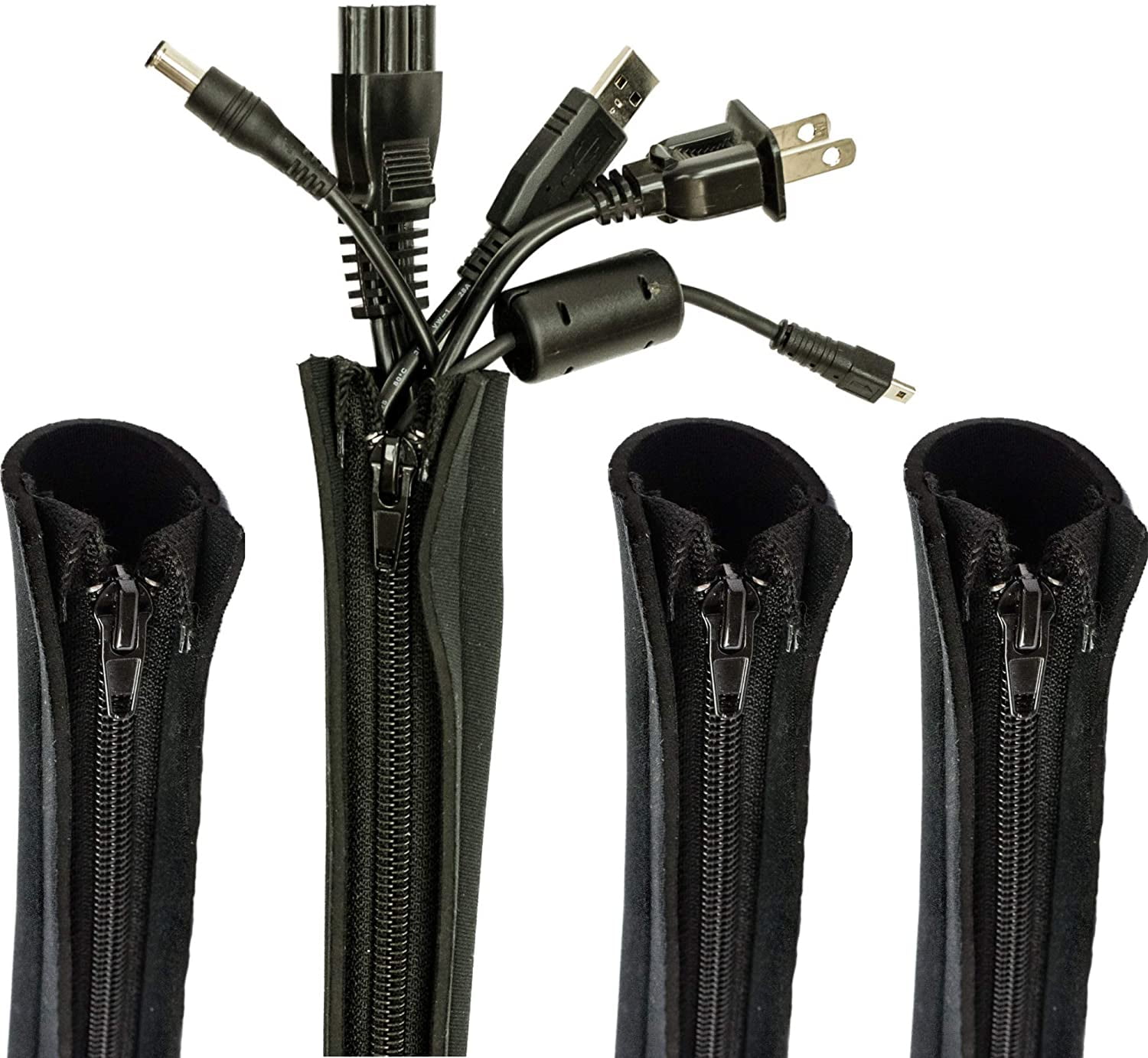 Cable Management Sleeve, 4 Pack, 20 Inch Cord Organizer System with Zipper for TV Computer Office Home Entertainment, Flexible Cable Sleeve Wrap Cover Wire Hider System - Black