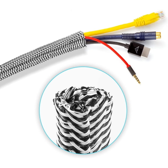 Cable Management Sleeve, 6 ft Long, 1/2 in. Wide, Mesh Braided Cable Sleeve, Wire Loom, Expandable Split Sleeving , Cord Protector (Black & White)