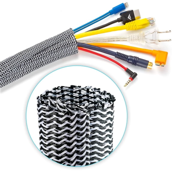 Cable Management Sleeve, 6 ft Long, 1 in. Wide, Mesh Braided Cable Sleeve, Wire Loom, Expandable Split Sleeving , Cord Protector (Black & White)