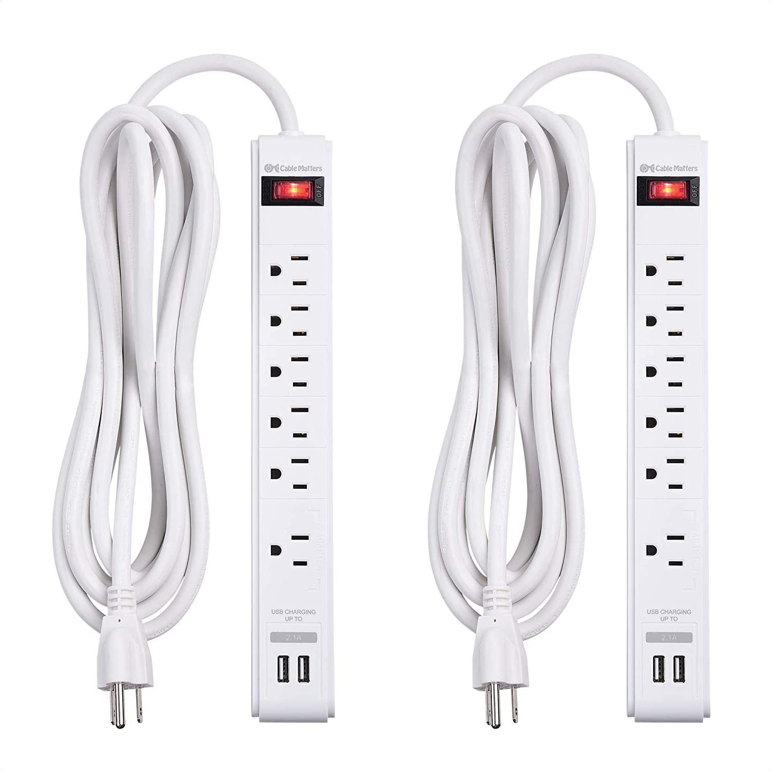 White 6-Outlet Surge Protector Power Strip with USB Ports, 8 ft Cord