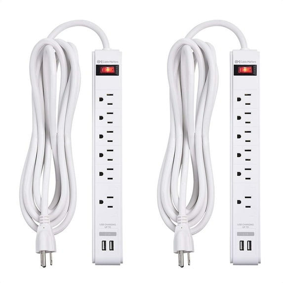 Cable Matters 2-Pack 6 Outlet Surge Protector Power Strip with USB Charging Ports, 300 Joules with 12 Foot Power Cord in White