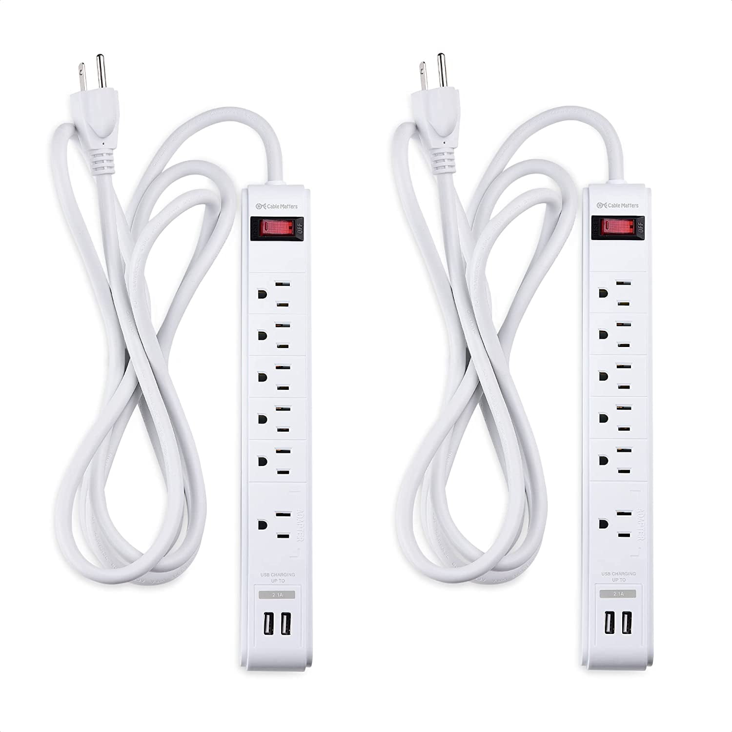 White 6-Outlet Surge Protector Power Strip with USB Ports, 8 ft Cord