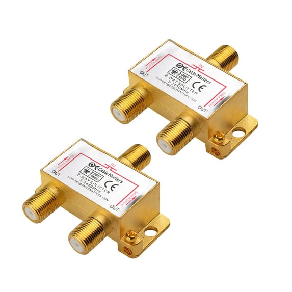 Cable Matters 2-Pack Bi-Directional 2.4 Ghz 2 Way Coaxial Cable Splitter for STB TV, Antenna and MoCA Network - All Port Power Passing - Gold Plated and Corrosion Resistant