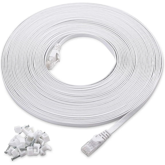 Cable Matters Cat6 Snagless Long Flat Ethernet Cable 50 ft in White with Nail-in Cable Clips