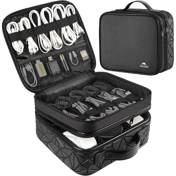 Cable Organizer Bag, Waterproof Travel Electronic Storage, Shockproof Portable Double Layer Tech Bags Carrying Case for Cord, Earbuds, Charger, SD Card, DJ Gifts, Black