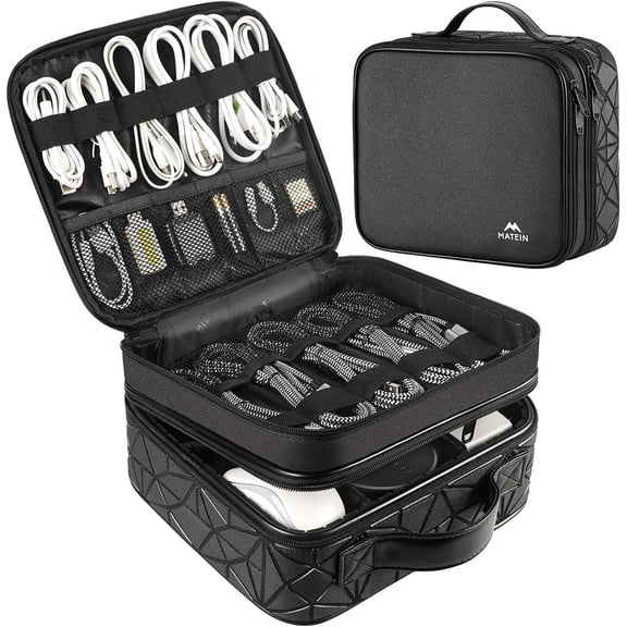Cable Organizer Bag, Waterproof Travel Electronic Storage, Shockproof Portable Double Layer Tech Bags Carrying Case for Cord, Earbuds, Charger, SD Card, DJ Gifts, Black