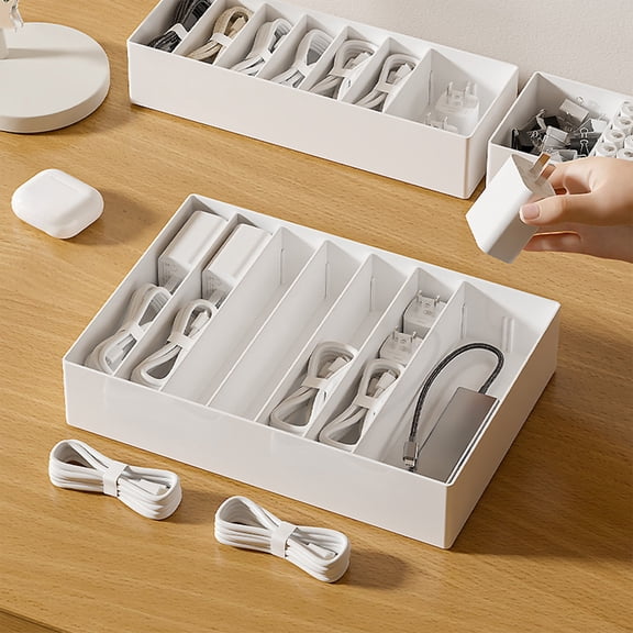 Cable Organizer Box | Desktop Drawer Storage | Headphone Charger Holder | Adjustable Compartment | Plastic White | Large & Small Sizes | 10.24x7.09x2.17in | Device Accessory Storage