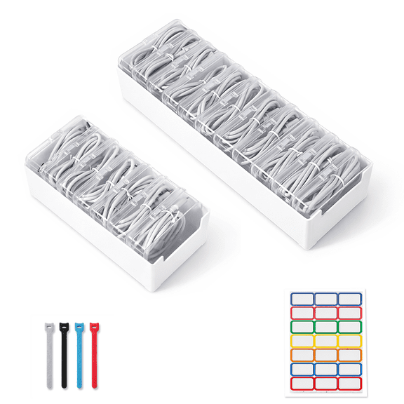 Cable Organizer Box Set with 7 and 11 Compartments, Includes Individual Clear Storage Cases, Reusable Cable Ties & Label Tags – Desk Drawer Wire Management for Home Office Electronics