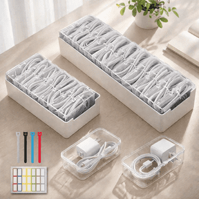 Cable Organizer Box Set, Cord Organizer with 7 and 11 Compartments, Individual Clear Storage Cases, Reusable Cable Ties and Labels, Cord Organizer Travel, Electronics Organizer