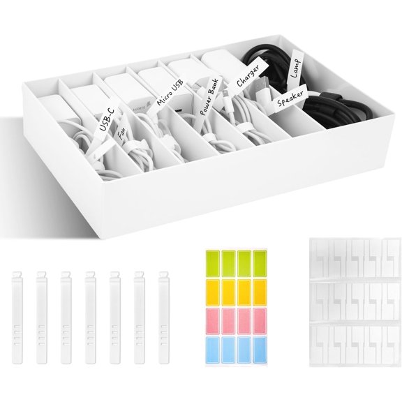 Cable Organizer Box with Wire Ties and Labels, Charger Cable Cord Storage Organizer with Adjustable Compartments, Desk Accessories Storage for Home, Office, Stackable1Pcs
