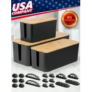 Cable Organizer Boxes, Kit of 3 Black Management Boxes Size Small, Medium & Large W/ Lids & Cable Clips by KapStrom