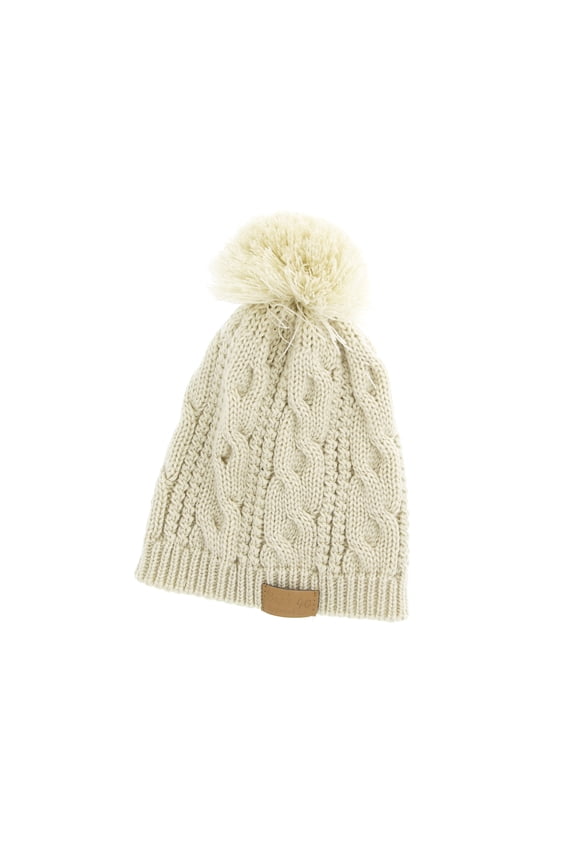 Cable Pom Pom Beanie Unisex Cream Thick and Warm Knit Winter Hat Cap by Back 40