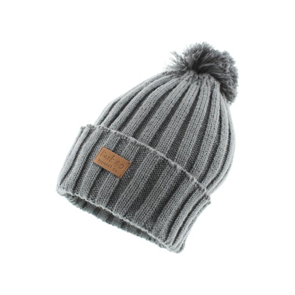 Cable Pom Pom Cuffed Beanie Unisex Grey Knit Cuffed Winter Hat Cap by Back 40