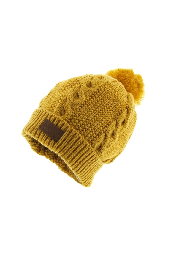 Cable Pom Pom Cuffed Beanie Unisex Yellow Thick Warm Knit Winter Hat by Back 40