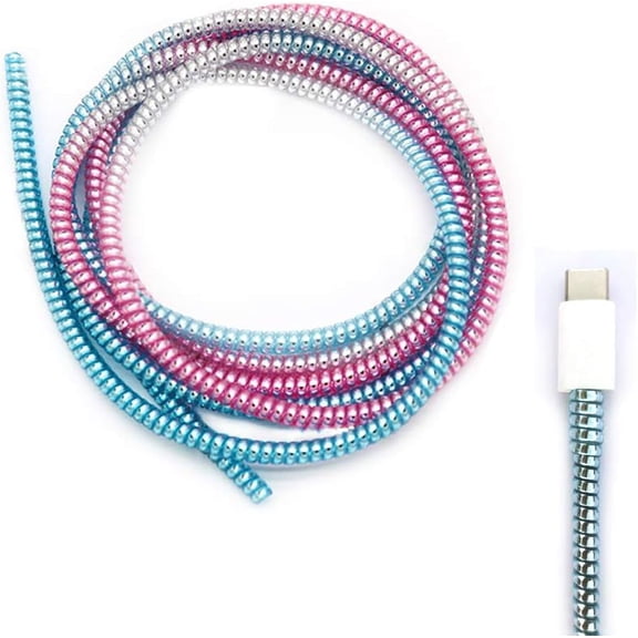 Cable Protector Animal Proof Wire Repair, Cord Protector for Pets Headphone Saver Spiral Cable Wrap Strain Relief, Cord Sleeve for Phone Cable USB Date Cable, 60 inches, 2 pcs, Silver-Pink-Blue