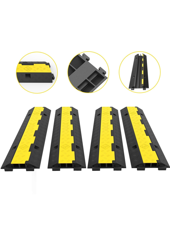 Cable Protector Ramp 4 Pack, 2 Channel Speed Bump - 11000 LBS Capacity Rubber Cord Cover for Driveways, Events & Construction