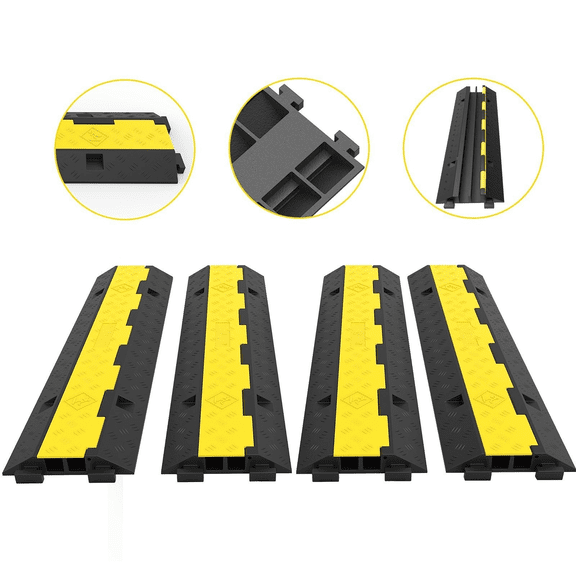 Cable Protector Ramp 4-Pack, 2 Channel Speed Bump - 11000 LBS Capacity Rubber Cord Cover for Driveways, Industrial Cables & Traffic Control