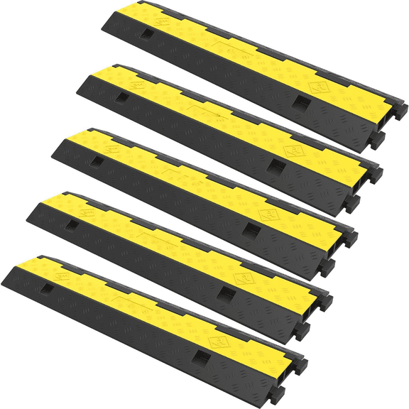 Cable Protector Ramp 5-Pack, 2 Channel Rubber Speed Bump - 11000 LBS Capacity