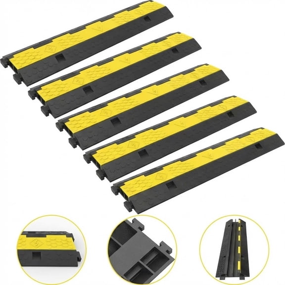 Cable Protector Ramp - 5-Pack 2-Channel Speed Bump, 11000 lbs Load Capacity, Rubber Modular Cable Cover for Driveway, Wire and Cord Protection, Traffic Cable Protector Ramp Kit